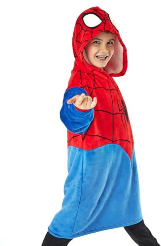 Marvel Spiderman Jungen Tragbare Decke Kapuzenpullover | Kinder Rot & Blau Kapuze Fleece | Superheld Spider-Man Anzug Kostüm Nachtwäsche | Movie Merchandise Geschenk für Kinder