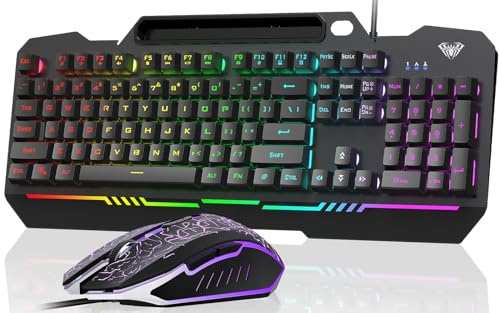 AULA Combo de teclado para juegos, 104 teclas y mouse con retroiluminación RGB, panel totalmente metálico, antifantasma, con cable para jugadores de Mac Windows PC