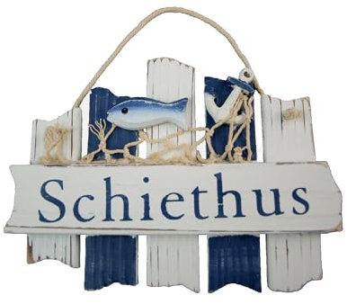 Holz Türschild Schiethus Netz Fisch Anker 18x13cm maritime Bad Deko Schild