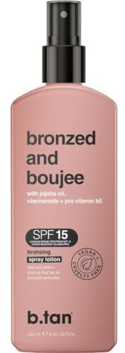 b.tan SPF 15 Sun Tanning Lotion Spray | Bronzed and Boujee - Best Tan Intensifier, Browning Outdoor Bronzing Accelerator, Packed w/Jojoba Oil, Niacinamide, & Vitamin B5, Austrailian Brand, 8.45 Fl Oz