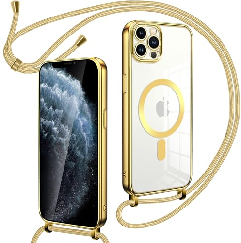 Oelrstfe Magnetische handyband mit Band für iPhone 11 Pro Max Hülle - Necklace HandyHülle Transparente zum Umhängen mit justierbarer und Abnehmbarer Kette, Crossbody Magnet Clear Cover - Gold