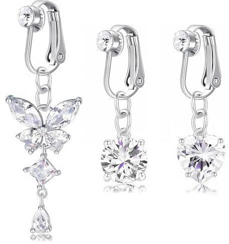 LOYEBOHU 3Pcs Faux Piercing Nombril Acier Chirurgical, Zircon Faux Percing au Nombril, Faux Piercing Nombril Grossesse, Faux Piercing Grossesse Nombril, Tour Classique, Coeur, Forme Papillon
