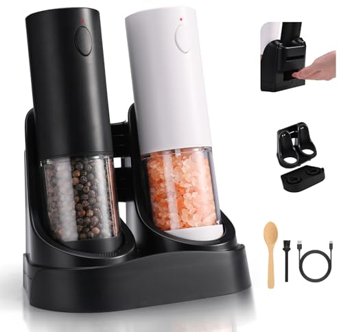 BUDOCI Salz und Pfeffermühle Elektrische 2er Set mit Ladestation Wiederaufladbar,Große Kapazität Elektrische Gewürzmühle,Einstellbare Grobheit,LED-Licht