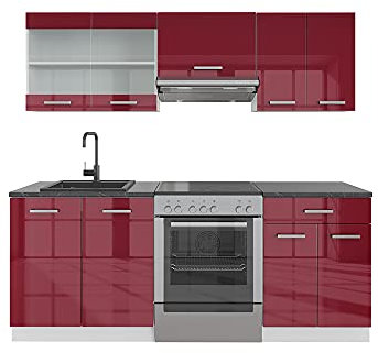 Vicco Küchenzeile R-Line, Bordeaux Hochglanz/Weiß, 200 cm, AP Anthrazit