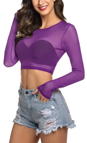 Avidlove Women's Crop Tops Slim Fit Long Sleeve T Shirt Basic Top Casual Shirts Y2K Tight Blouse Fashion Clothing Summer Party Club UK Purple XL