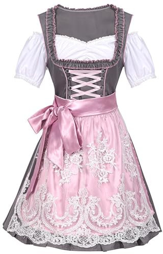 Bseical Dirndl für Damen Trachtenkleid Midi Dirndl 3tlg Dirndl-Komplettsets mit Bluse und Schürze Rosa Dirndlkleid Spitze Stretch Elegant Oktoberfest Dresses (Rosa, 38)