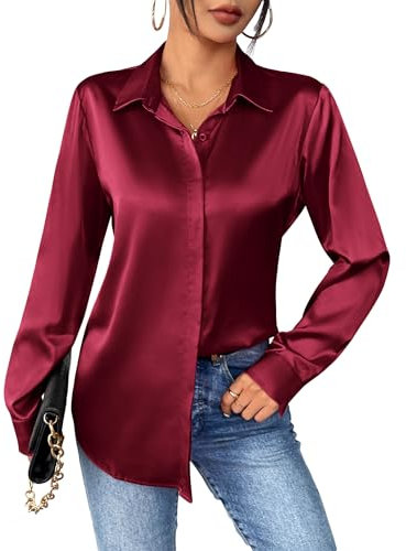 Zeagoo Satin Bluse Damen Elegant V-Ausschnitt Seidenbluse Langarm Button Down Satinbluse Business Satin Hemd Casual Blusen Shirt Basic Solide Oberteile Rot M