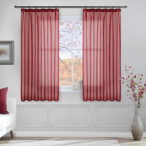 MRTREES Gardinen mit Kräuselband kurz transparent Gardinen Wohnzimmer 145X140 cm (HXB) Vorhang rote Gardine Wohnzimmer Modern 2er Set Vorhänge für Schlafzimmer Mädchen küche Bedroom
