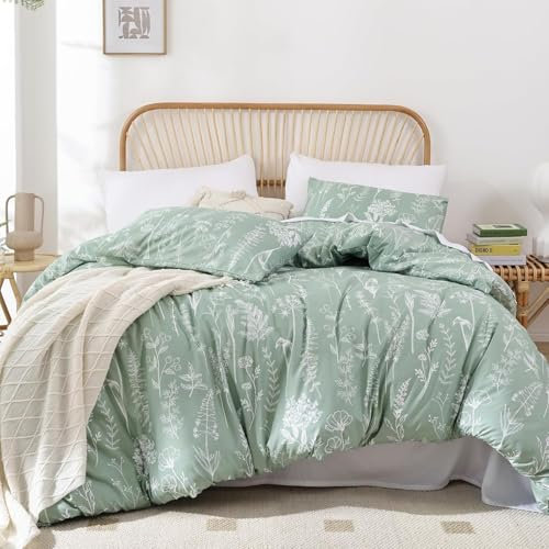 Freyamy Blumen Bettwäsche 135x200cm 4teilig Grün Salbeigrün Weiß Floral Elegante Bettwaren-Sets 100% Microfaser Weiche Mädchen Bettbezug 2 Bettdeckenbezüge mit Reißverschluss und 2 Kissenbezug 80x80cm