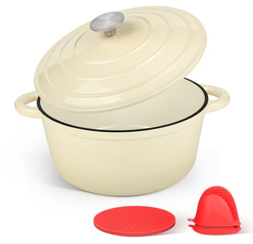 CookNexa Olla holandesa de hierro fundido esmaltado de 6 cuartos con tapa y accesorios de silicona, apta para horno hasta 260.0 °C o en estufa, horno holandés antiadherente para hornear pan, cocinar,