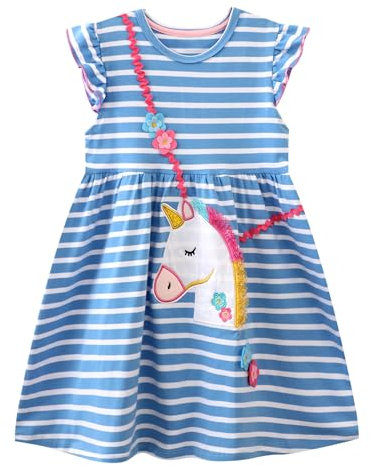Dioshark Dresses Girls Short Sleeves Cotton Kids Summer Dress with Blue White Stripe Animal and Floral Applique Embroidery Patterns Children Outdoor School Casual Outfits for Age 3-4 Years