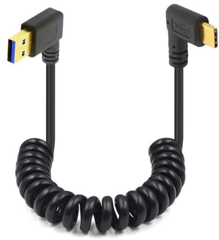 Coiled USB Type C Cable,Spring 90Degree 5Gbps Retractable USB 3.0 Right Angle to Type C Cable,Gold USB C to USB 3.0 A Male Charging and Data Transfer Cord for Phone, Tablet, Other USB C Devices(Right)