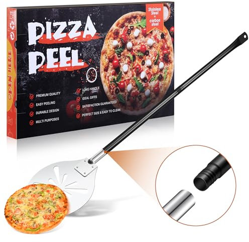 TEAMFAR Pelle à pizza perforée, 17,8 x 25 x 112 cm, ronde, en acier inoxydable, avec poignée amovible pour glisser facilement sur la pierre à pizza, pelle à pizza pour barbecue, four à pizza, passe au