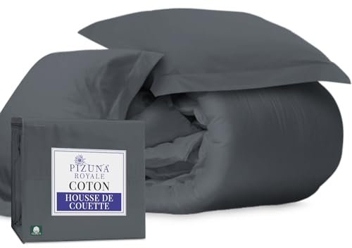 Pizuna Coton Ensemble de Housses de Couette 260x240 cm 2 Personnes Gris foncé, 1000 Fils au Pouce carré, 100% Coton longuement agrafé Housse de Couette avec Fermeture à Bouton caché 2 Pièces