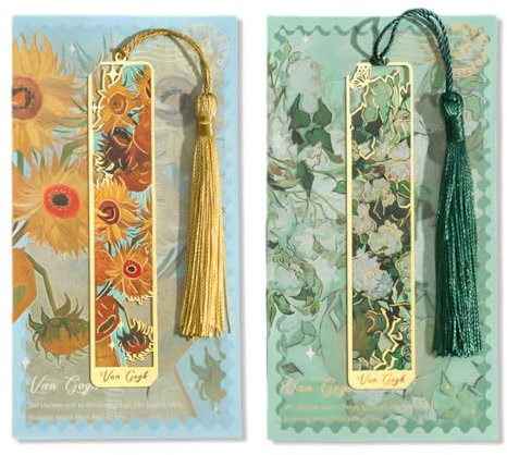 IKOPFLN Ölgemälde-Lesezeichen aus Metall, 2 Stück Hohles Ölgemälde-Lesezeichen mit Quaste,Geschenke zum Schulanfang und zum Abschluss für Leseliebhaber,Sonnenblumen und weiße Rosen