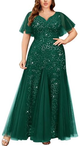 MISSMAY Women's Plus Size Sequins Lace Tulle Sweetheart Neck Ruffle Sleeves Formal Evening Party Maxi Dress (2XL, Dark Green)