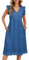 PASUDA Women's Summer Dresses Casual V-Neck Ruffle Sleeve Midi Dress Elegant A-Line Loose Dresses Cotton Boho Style Beach Dresses Sundress with Pockets (Blue, XL)