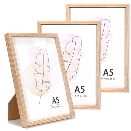 KAIWIN Bilderrahmen A5 Eichenholz Holz Fotorahmen 3er Set MDF mit Acrylglas zum aufhängen und aufstellen Benutzt für Wohnzimmer, Schlafzimmer, Arbeitszimmer, für Fotos, Kunstwerke und Poster