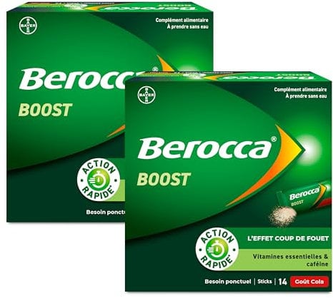Berocca® Boost Stick - Effet coup de fouet - Aide à réduire la fatigue -Vitamine B12, Guarana, Caféine, Vitamine C et Magnésium - Complément Alimentaire - Goût Cola - 2x14 sachets