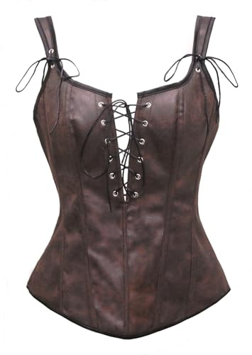 Bslingerie Womens Steampunk Black Dark Brown Faux Leather Straps Boned Corset Shapewear Crop top (UK, Alpha, L, Regular, Regular, Dark Brown)