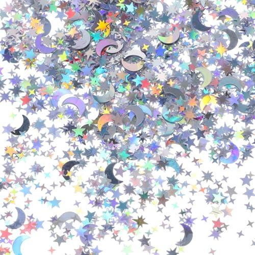 Thinp 2000Stk Glitzer Deko Konfetti,Konfetti Geburtstag Deko,Sterne Mond Konfettis Silber Hochzeit Deko,Sterne Konfettis Pailletten Streudeko,für Geburtstage Jubiläen Partys DIY Hochzeit Handwerk Deko