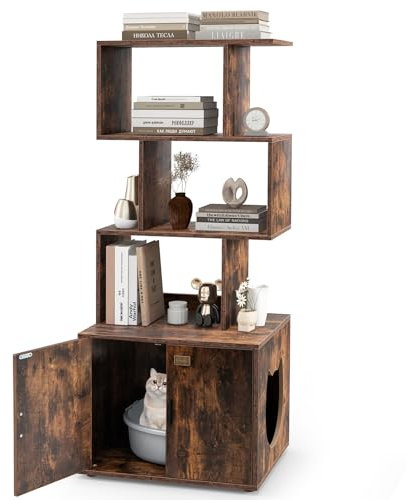 COSTWAY Katzenschrank mit Bücherregal, Katzenklo Schrank für Katzentoilette, Büroregal mit 4 Ebenen & Eingang, Katzenhaus für Katzen Hunde Haustier, Katzenmöbel Indoor, 60 x 45,5 x 142 cm (Braun)