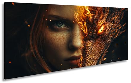 Leinwandbild Feuerseele – Mensch und Drache verschmelzen im Blick. Panorama 60x30cm XXL Kunstdruck Bild auf Keilrahmen/Wandbild/Wohnzimmer Dekoration