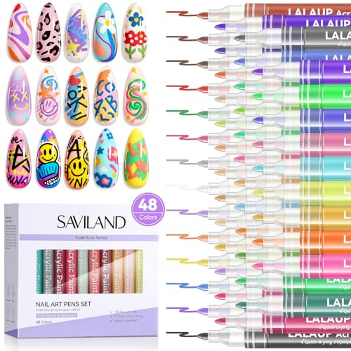 SAVILAND 48 Colors Nail Art Pens Set, Quick-Drying Waterproof Nail Art Markers, Highly Pigmented 3D Nail Polish Pens for Drawing & Painting, 21 Days Long Lasting