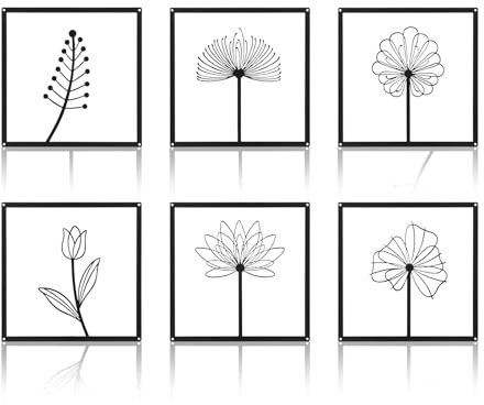 Rongxze Metall Wanddeko,Schwarz Eisenblumen- und Blattkunst,6 Stück,25×25cm | Quadratrahmen, Für Wohnzimmer, Schlafzimmer, Büro, Innen und Außen geeignet