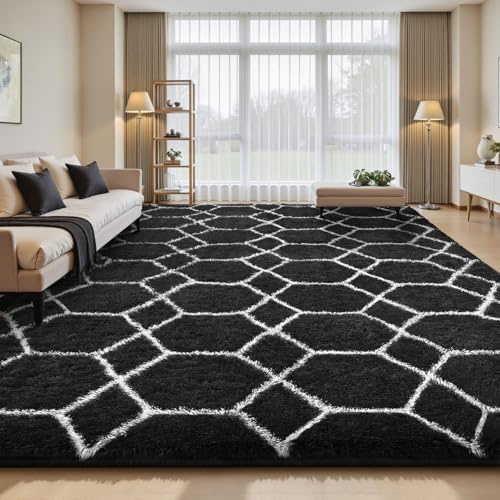 Sour Lemon Hochflor Teppich Schwarz Carpet Wohnzimmer 120x160 Waschbar | Anti-Rutsch Extra Große Teppiche Schlafzimmer Flauschige Moderne Teppiche Matte Teppichen für Schlafzimmer Kinderzimmer
