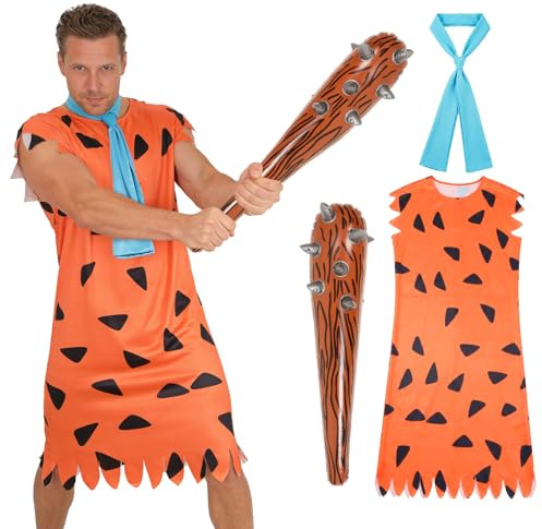 Lyxaof 3PCS Erwachsene Fred Feuerstein Kostüm Steinzeit Kostüm mit Aufblasbarem Spikes Club Krawatte Karneval Party Cosplay Dress Up Outfits für Herren Damen (Orange Farbe, L)