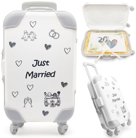 Dumeher Geldgeschenk Hochzeit Trolley Koffer Geldkoffer “Just Married” Hochzeitsgeschenke für Brautpaar Geldgeschenke Verpackung mit Geschenkbox und Geld Hochzeitskarte