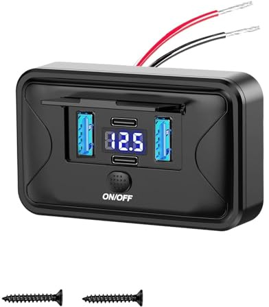 Intckwan Prise USB 12V 84W en Saillie 4 Ports Charge Rapide avec Voltmètre | 2 USB-C PD3.0 et 2 USB-A QC3.0, Interrupteur et LED Bleu, pour Camping-car, Bus, Bateau, Tracteur, Golfette - Lot de 1