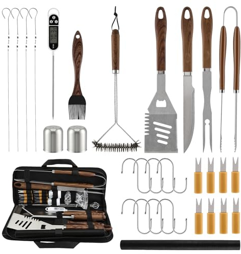 Kit Barbecue Professionale, 31Pcs Set Barbecue Accessori in Acciaio Inox, Attrezzi BBQ Utensili Cucina con spazzola per barbecue e termometro per carne per Campeggio, Picnic e Barbecue all'Aperto