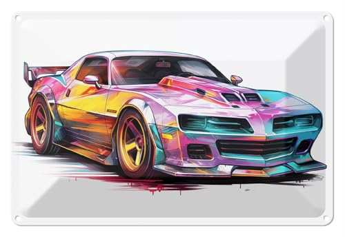 Wallario Blechschild Wandbild aus Metall Buntes Muscle Car - 20 x 30 cm in Premium-Qualität: Brillante Farben