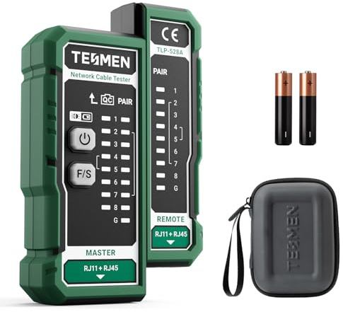 TESMEN TLP-528A Probador de cables de red para RJ11 y RJ45, probador Ethernet LAN/TEL con prueba de continuidad & QC, para CAT5/CAT6/CAT7, ideal para mantenimiento de cables – Verde