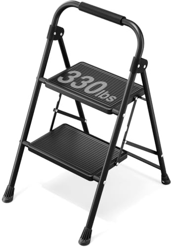 KINGRACK 2 Step Ladder, Folding Ladder with Non-Slip and Wide Pedal, Small Ladder with Handle, Sturdy Steel Step Stool, Lightweight and Portable Step Ladder, Black