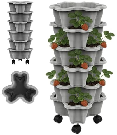 Genérico Maceteros apilable para Fresas Exterior, 6 Niveles Jardinera Fresas, Macetas Verticales Apilables con Ruedas, Torre de Cultivo Resistente a la Intemperie para Hierbas, Flores, hortalizas