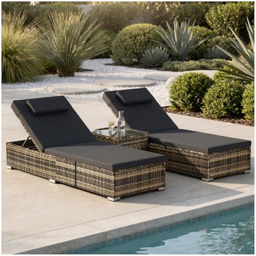 TecTake® Doppelliege für 2 Personen, 6-Fach verstellbare Rückenlehne, inkl. Tisch, wetterfest, 200 kg belastbar Rattan, Gartenliege, Doppelbett Liege, Outdoor Lounge Möbel, große Liege - Natur