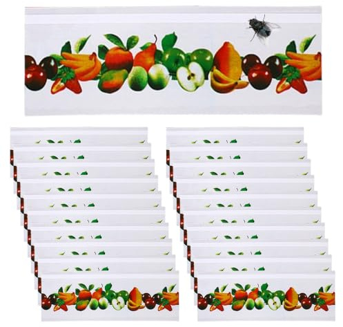 FIQLUL 20 Stück Fliegenfalle Fenster Fliegenfänger Innenbereich - Fliegenköder Fensterstreifen mit Obst-Motiv, Ungiftige Klebefalle gegen Fliegen & Fruchtfliegen, 21x7cm