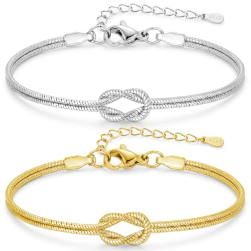 Ahokei 2 Stücke Armband Damen S925 - Freundschaftsarmbänder Knoten, Gold Partner Armbänder, Knoten Armband Silber- 16+5cm Verstellbar Armbänder Männer Silber Gold Schwarz, Geschenke für Frauen Männer