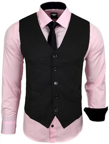 Subliminal Mode - Gilet + Chemise + Cravate Homme Col Bicolore Uni Manches Longues Coupe Ajusté Business Repassage Facile RN33 Noir et Rose Pale L