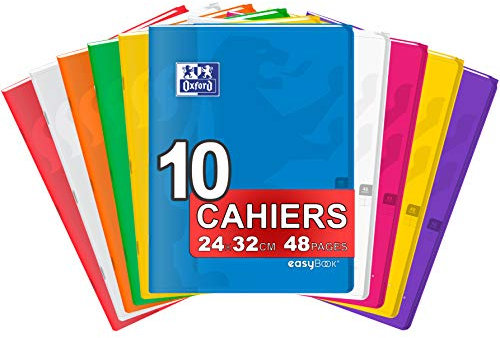 OXFORD EasyBook Lot de 10 Cahiers Agrafés Grands Formats 24 x 32cm 48 Pages Grands Carreaux Seyès 90gr Couleurs Assorties