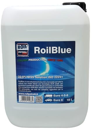 10 Litri di ROILBLUE AdBlue UREA 32.5 Euro 6 Additivo per Motori Diesel, IMPIANTI SCR, ISO 22241, DIN70070, Euro 4/5/6 Tanica con Imbuto versante Omaggio (Solo Urea, 1 Urea)