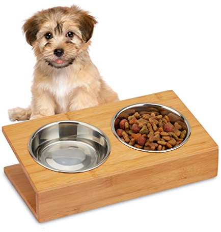 Relaxdays Napfstation, Katzen & kleine Hunde, Wasser und Futter, geneigter Doppelnapf Edelstahl, HBT 10x33,5x18, Natur, 2 Näpfe