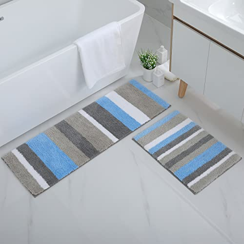 Homaxy rutschfest Badematten Set 2 teilig Mikrofaser Saugfähige Badteppich Set Weich Hochflor Badvorleger Set –40 x 60 cm + 40 x 120 cm, Blau/Grau