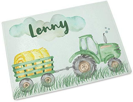GRAZDesign Traktor Brotzeitbrett Schneidebrett Glas personalisiert Name für Jungen, Frühstücksbrettchen Trecker als Geschenk