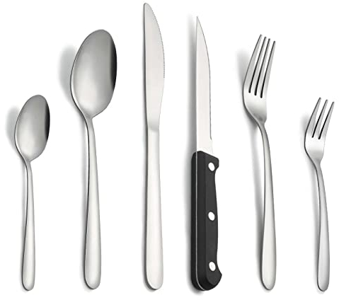 Pleafind Cubiertos, 36 piezas juego de cubiertos para 6 personas, cuberteria acero inoxidable, cuberteria plateados que incluyen cuchara, cuchillo, tenedor,cuchillo de carne, apto para lavavajillas