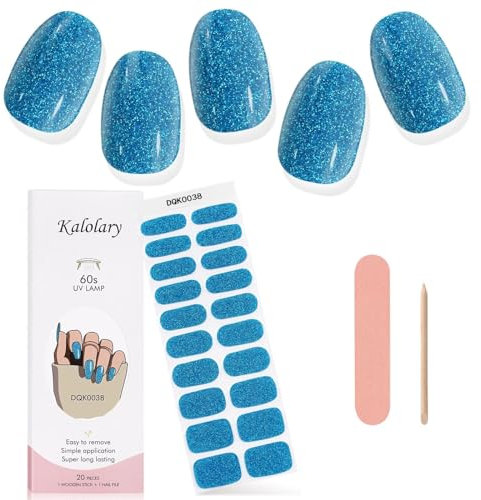 Kalolary Gel Nail Art Strips - Waterproof Full Nail Wraps Decal Sets with Nail File and Stick for Women Girls - UV/LED Lamp Required (Shiny Blue)