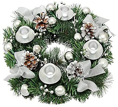 Adventskranz Künstlich Geschmückt 30cm, Weihnachtskranz Tisch Metall, Tischkranz Weihnachten Natur, Weihnachtsgesteck Modern, Tischdeko Kerzenständer, Weihnachtsdeko Innen Amerikanisch (Silber)